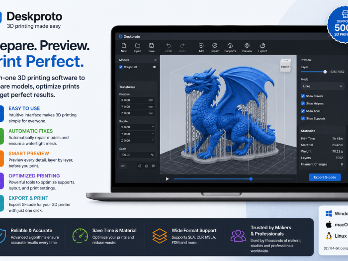 DeskProto feature image showing 3D printing software with model preparation, automatic fixes, smart preview, optimized printing, and G-code export tools.