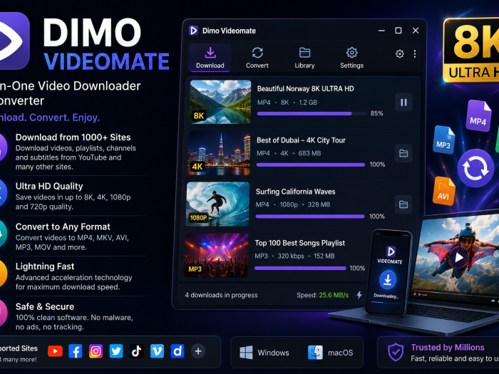 Dimo Videomate video downloader and converter featuring an 8K Ultra HD badge, download dashboard, video format conversion tools, and multiple download options.