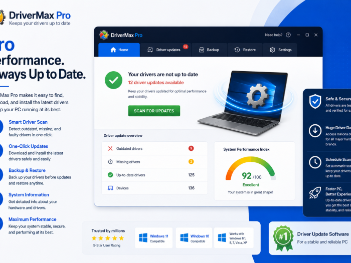 DriverMax Pro feature image showing driver scanning, one-click updates, backup and restore, system information, and PC performance tools