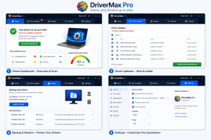 DriverMax Pro screenshot collage featuring the Home dashboard, driver updates, backup and restore, and settings screens.