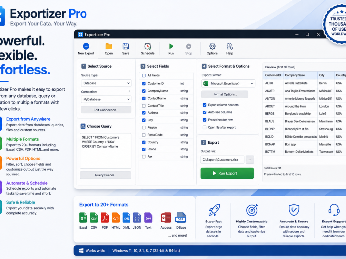 Exportizer Pro feature image showing database data export tools, multiple file formats, customizable options, scheduling, and export preview.