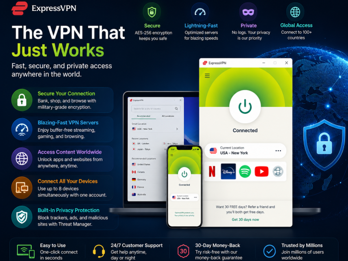 ExpressVPN featuring secure encryption, fast VPN servers, global access, multi-device support, privacy protection, and an easy-to-use VPN app