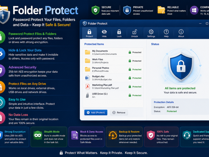 Folder Protect featuring password protection, file and folder locking, hidden data, AES-256 encryption, drive protection, stealth mode, and secure access controls