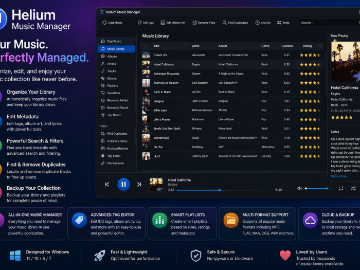 Helium Music Manager featuring music library organization, metadata editing, smart playlists, advanced search, duplicate removal, multi-format support, and backup tools