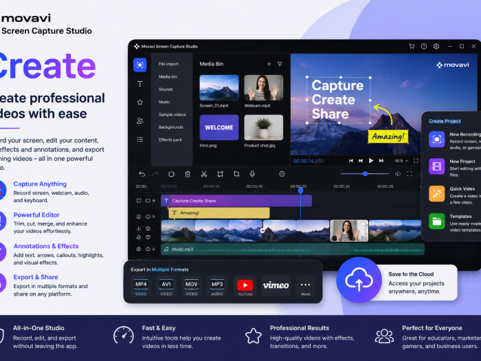 Movavi Screen Capture Studio Create feature showcasing screen recording, video editing, annotations, effects, and export tools.