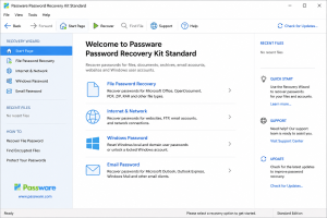 Passware Password Recovery Kit Standard interface showing file, Windows, internet, and email password recovery options