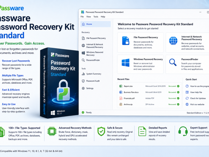 Passware Password Recovery Kit Standard feature image showing the password recovery interface, recovery modules, supported file types, and password recovery tools.