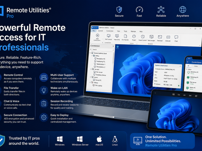 Remote Utilities Pro remote access software feature overview with secure remote control, file transfer, multi-user support, and device management.