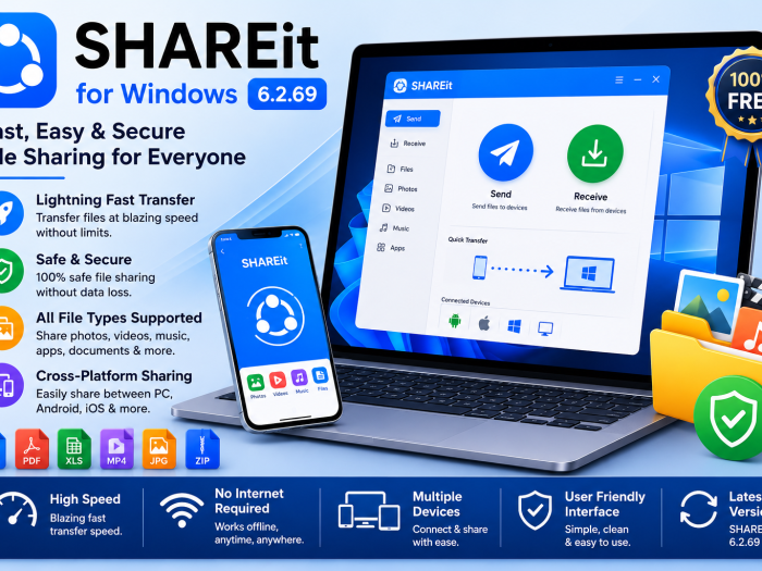SHAREit for Windows 6.2.69 feature image showing fast file transfer, cross-platform sharing, supported file types, secure transfers, and the SHAREit interface on a laptop and smartphone.