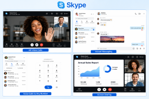 Skype screenshots collage showing HD video calls, instant messaging, voice calls, and screen sharing features.