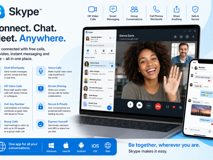 Skype communication software featuring HD video calls, instant messaging, group conversations, screen sharing, and voice calls across multiple devices.