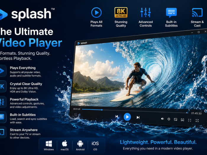 Splash video player software featuring 8K Ultra HD playback, advanced controls, subtitles, and streaming capabilities.