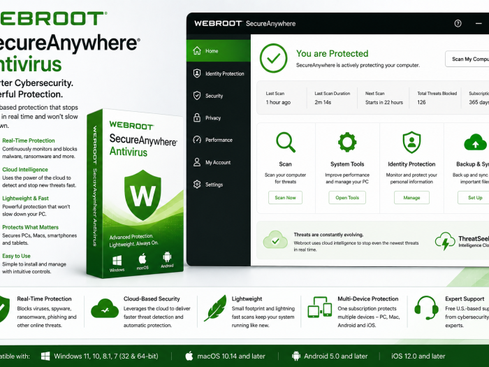 Webroot SecureAnywhere Antivirus feature image showing the antivirus dashboard, product box, real-time protection, cloud-based security, identity protection, system tools, and multi-device support.