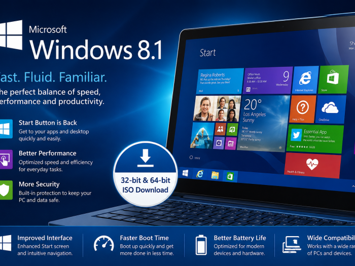Windows 8.1 promotional feature image showing the Start screen, improved interface, performance, security, faster boot times, and 32-bit and 64-bit ISO download options.