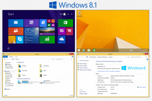 Windows 8.1 screenshots collage showing the Start screen, desktop, This PC File Explorer, and System information panel in a four-panel layout.