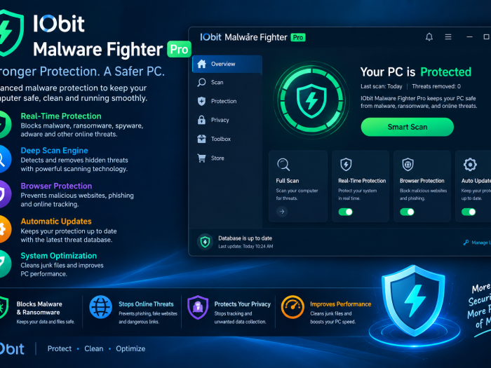 IObit Malware Fighter Pro displaying real-time malware protection, deep scanning, browser security, automatic updates, and system optimization tools