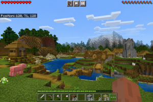 Minecraft 1.26.44.3 gameplay screenshot showing a village, river, mountains, farms, and Minecraft HUD.
