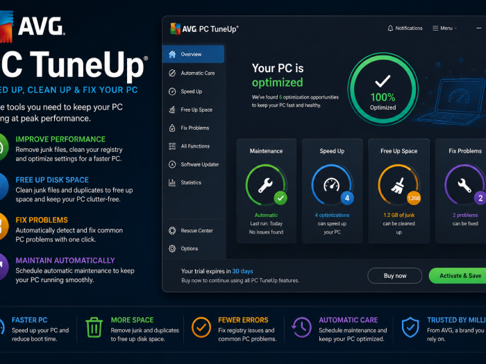 AVG PC TuneUp software dashboard showing PC optimization, speed improvement, disk cleanup, and problem-fixing tools
