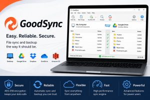 GoodSync file synchronization and backup software displayed on a laptop with cloud storage integrations and secure sync features.