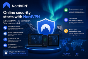 NordVPN promotional banner showing secure online browsing, encrypted internet protection, global VPN servers, fast connection, and multi-device support.