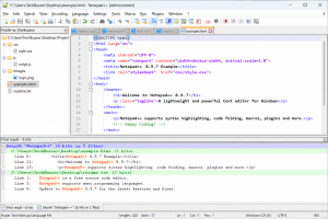 Notepad++ 8.9.7 screenshot showing a syntax-highlighted HTML file, Folder as Workspace panel, multiple tabs, and search results.