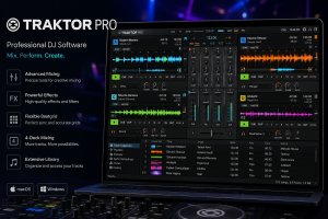 Traktor Pro DJ software displayed on a laptop with four-deck mixing, colorful audio waveforms, effects controls, track library, and a professional DJ controller.