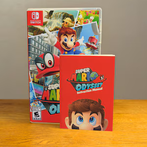 Mario wearing Cappy while jumping through a vibrant world in Super Mario Odyssey.