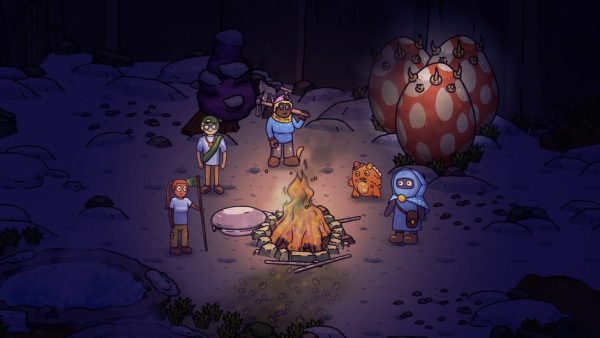 Fireside scene featuring warm campfire lighting and scenic nature.