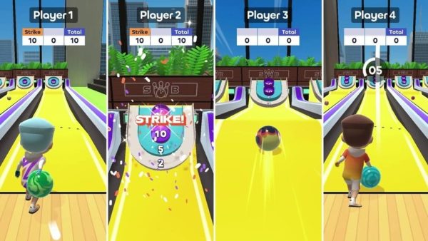 Skyline Bowling gameplay highlighting customizable bowling balls and equipment.